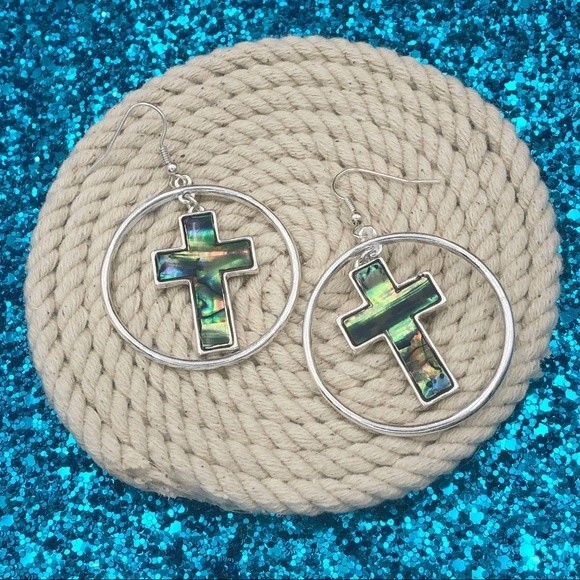 🌼 Abalone Shell Cross Silver Dangle Earrings - Picture 1 of 2
